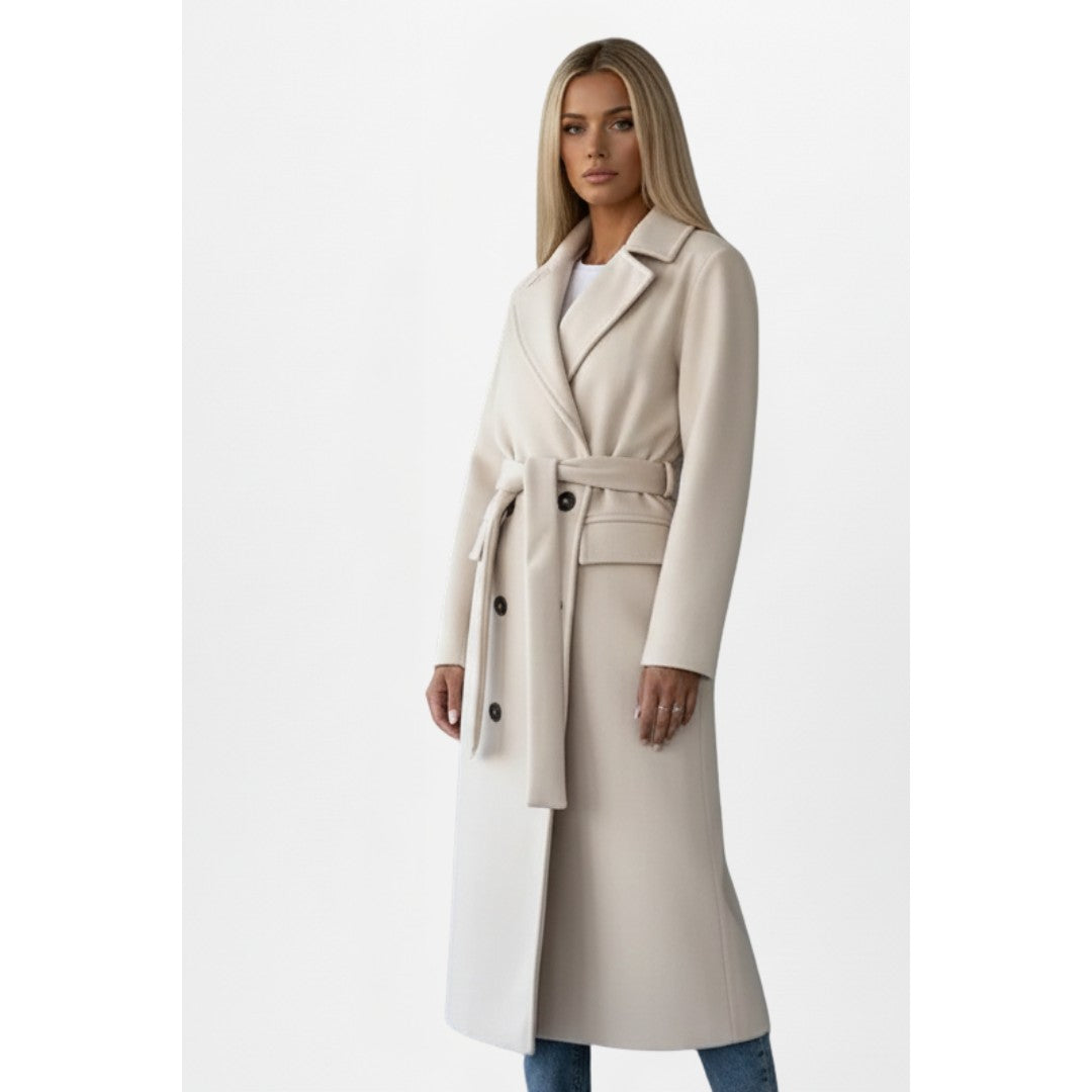 Woman wearing the Ivana women's coat, side view