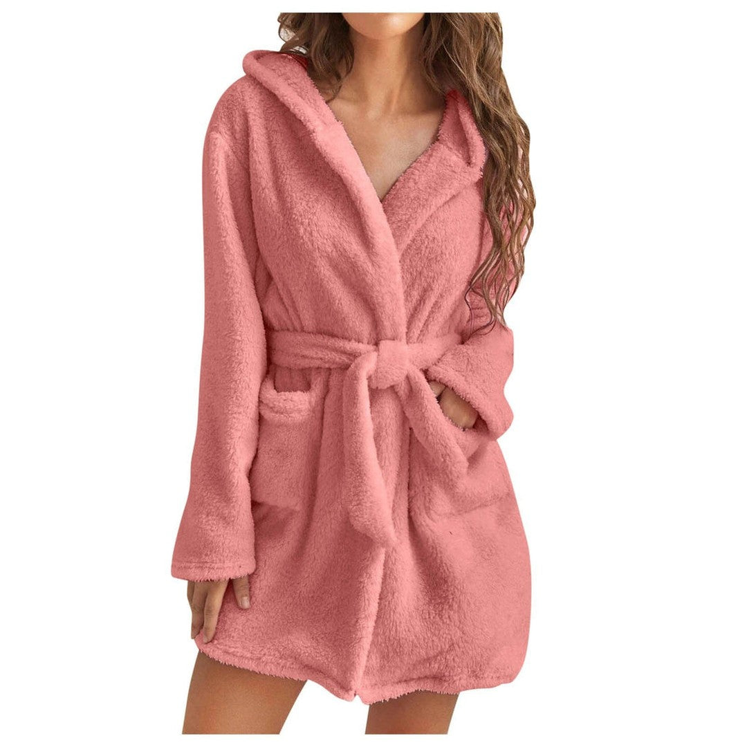 Woman wearing the Jacinta women's hooded bathrobe, front view