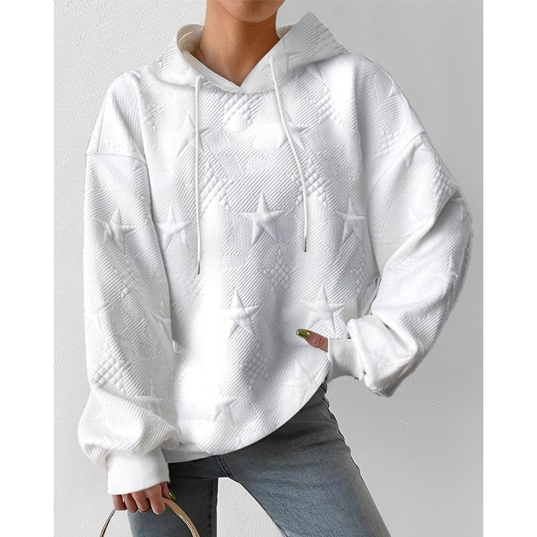 Woman wearing the Jade women's sweatshirt, back view