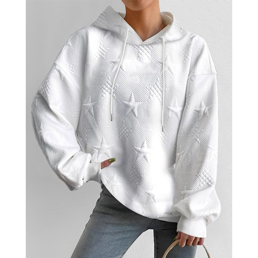 Woman wearing the Jade women's sweatshirt, side view