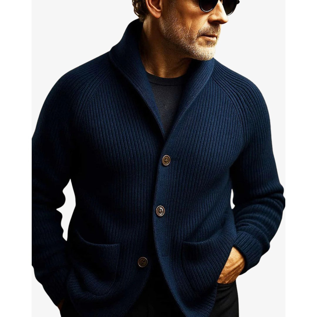 Man wearing the Jasper men's tailored knit button-up cardigan, 10 view
