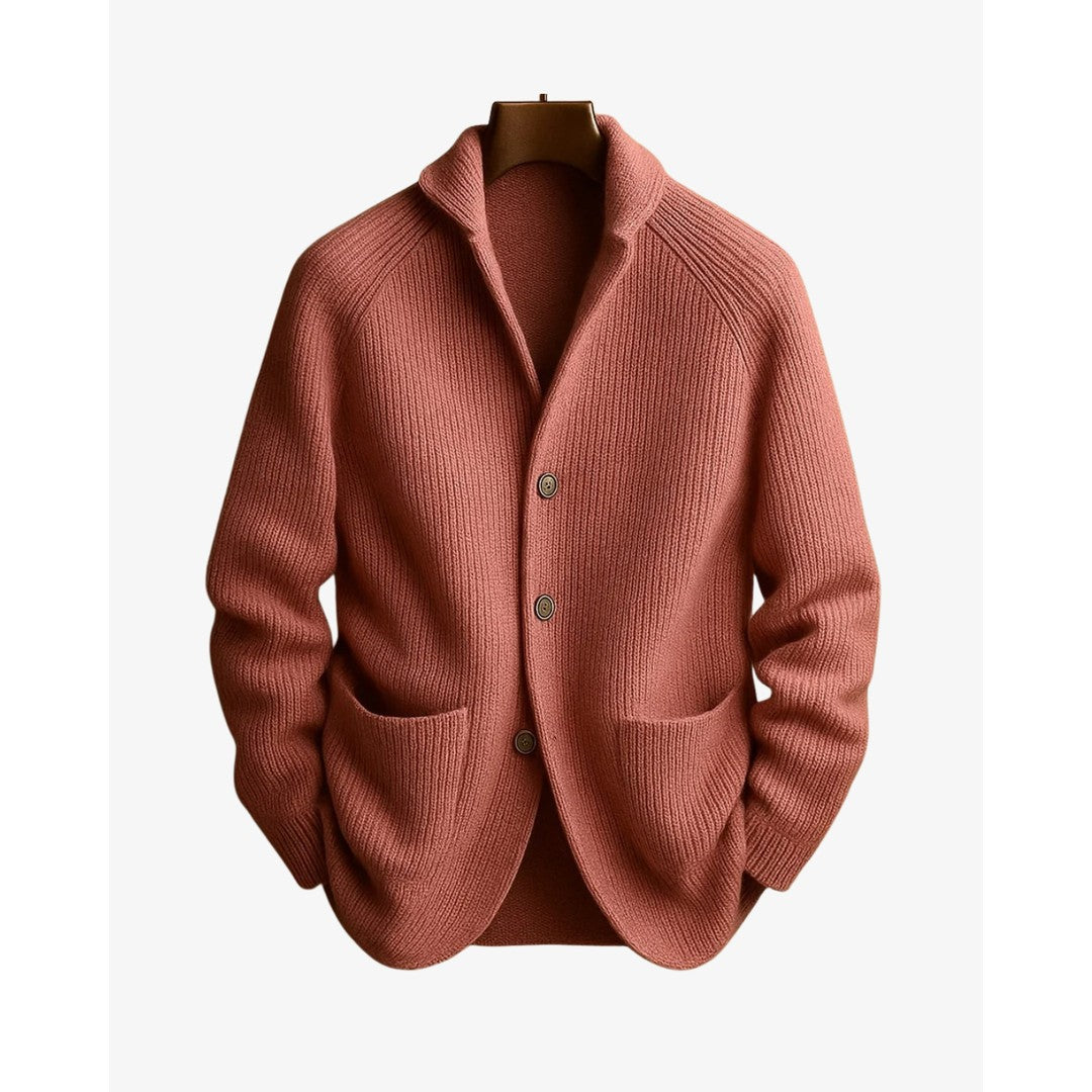 Man wearing the Jasper men's tailored knit button-up cardigan, 7 view