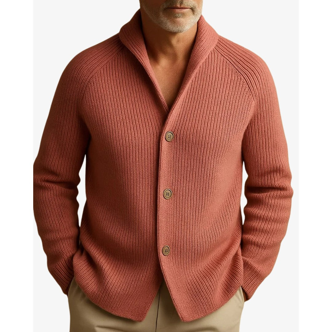Man wearing the Jasper men's tailored knit button-up cardigan, 8 view
