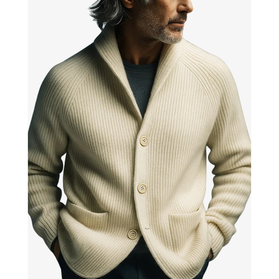 Man wearing the Jasper men's tailored knit button-up cardigan, 9 view