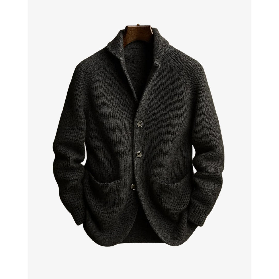 Man wearing the Jasper men's tailored knit button-up cardigan, back view