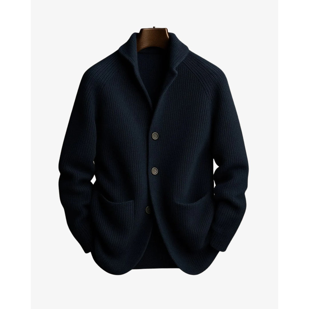 Man wearing the Jasper men's tailored knit button-up cardigan, flatlay view