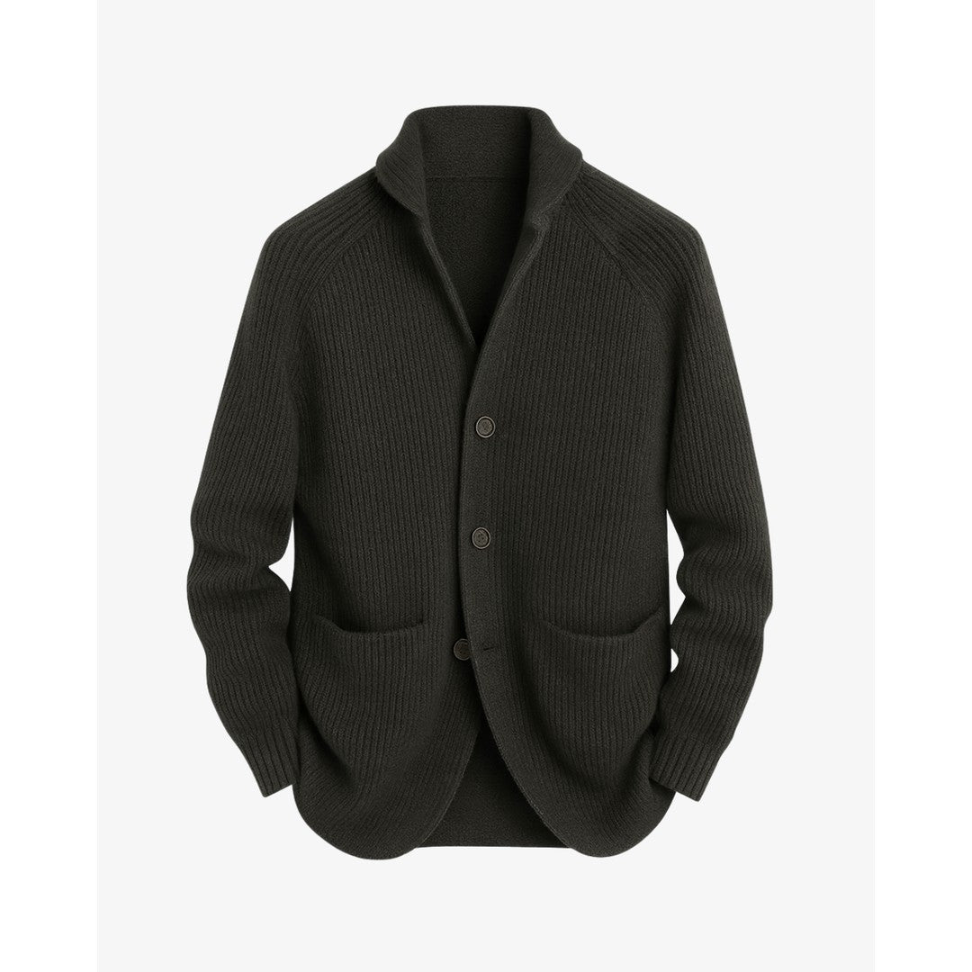 Man wearing the Jasper men's tailored knit button-up cardigan, front view