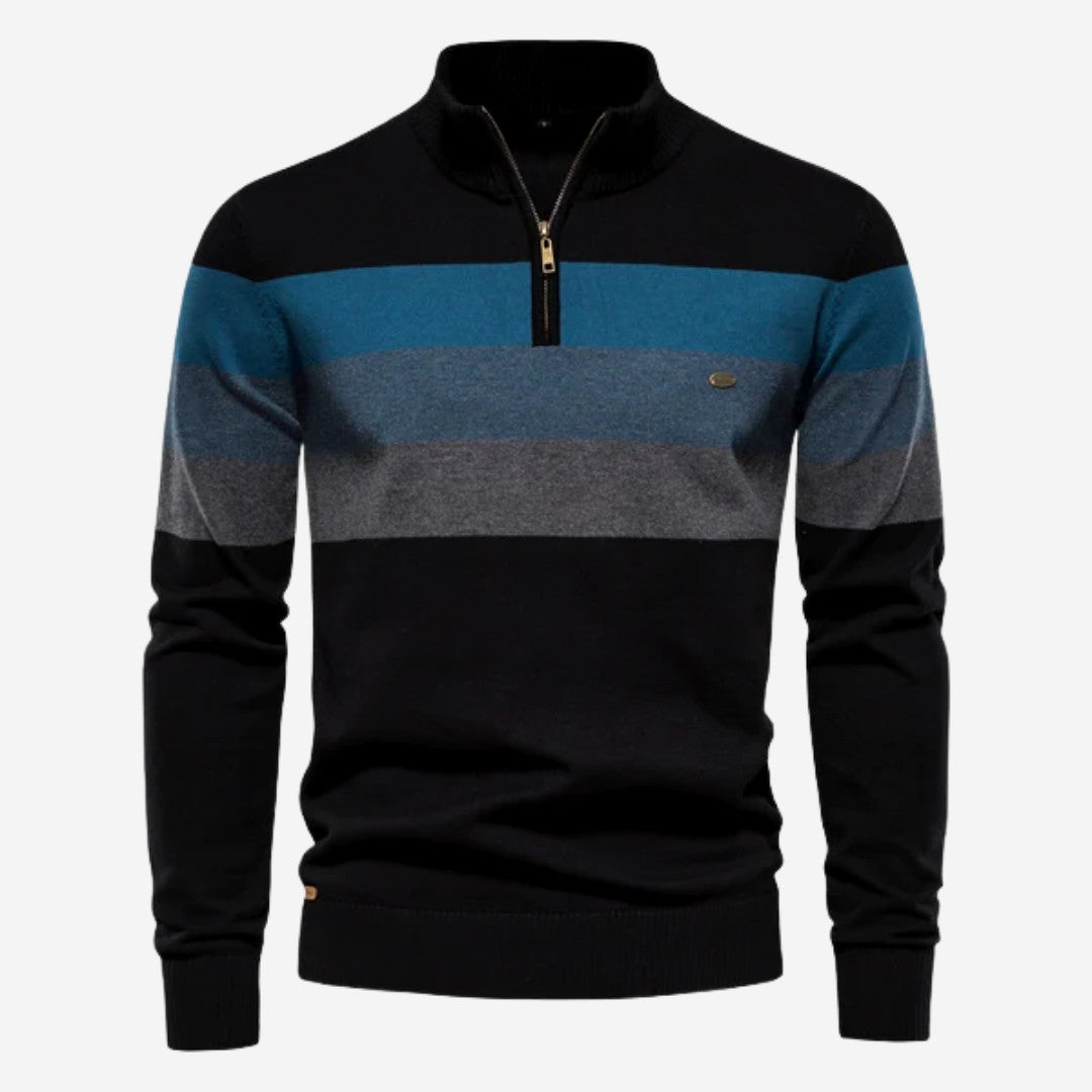 Man wearing the Joaquin men's zip-up sweater, detail view