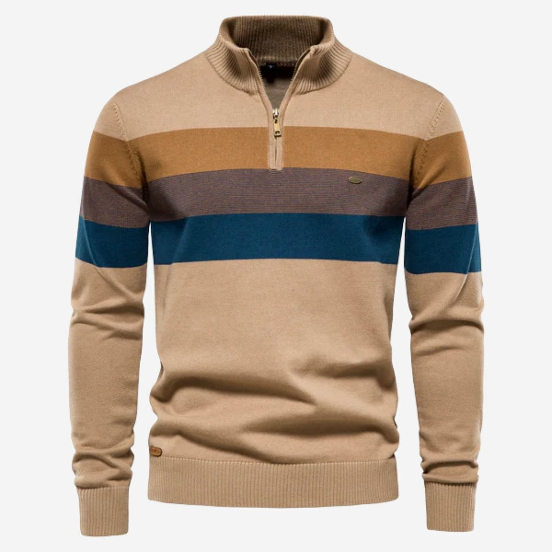 Man wearing the Joaquin men's zip-up sweater, front view