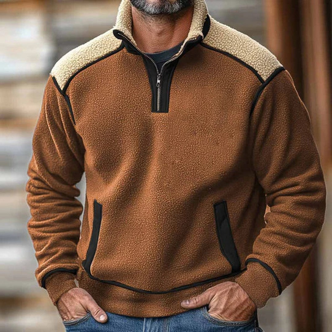 Man wearing the Jonah men's fleece sweater, side view