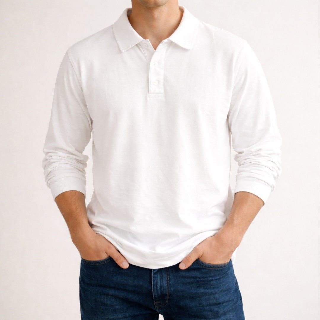 Man wearing the Jonathan men's polo shirt, back view