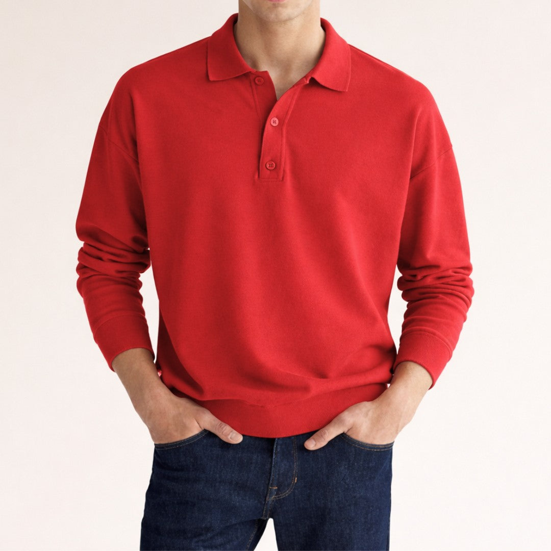Man wearing the Jonathan men's polo shirt, detail view