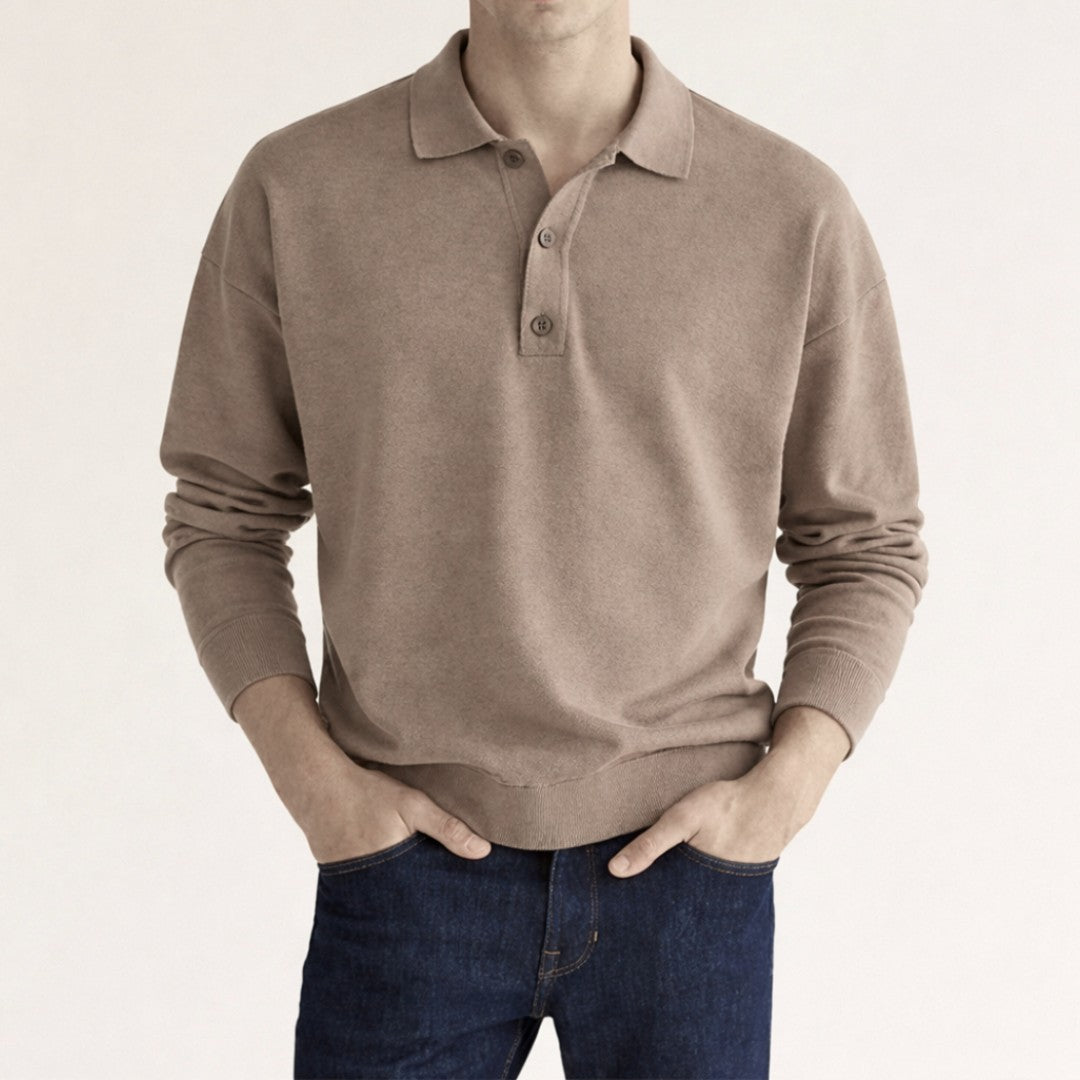 Man wearing the Jonathan men's polo shirt, side view