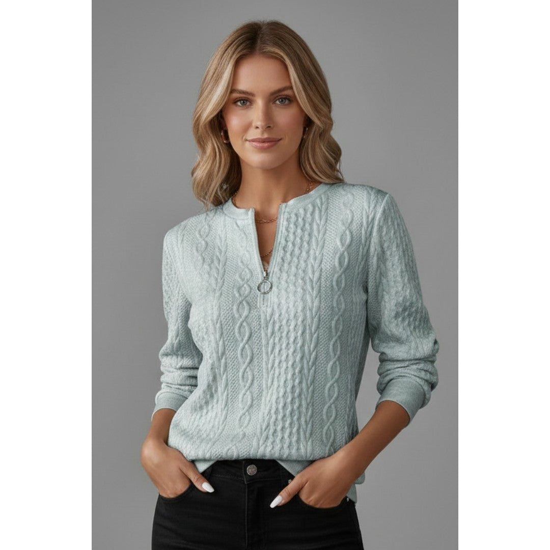 Woman wearing the Josefina women's knit zip-up sweater, 7 view