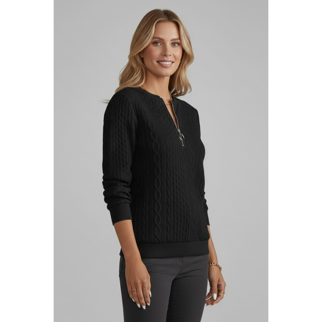Woman wearing the Josefina women's knit zip-up sweater, detail view