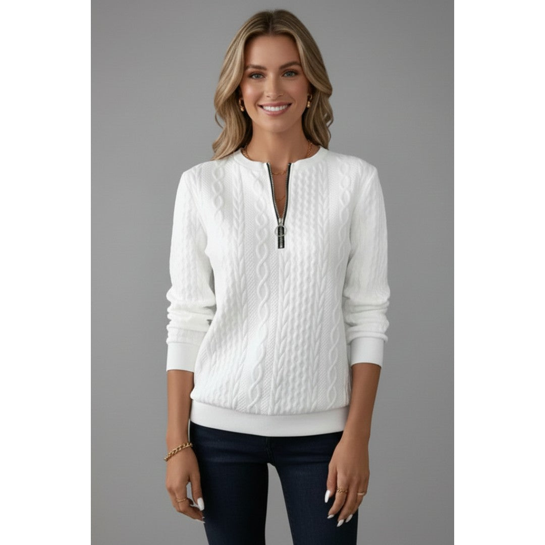 Woman wearing the Josefina women's knit zip-up sweater, flatlay view