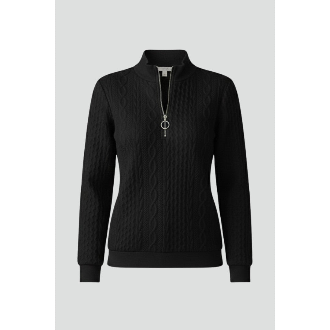 Woman wearing the Josefina women's knit zip-up sweater, front view