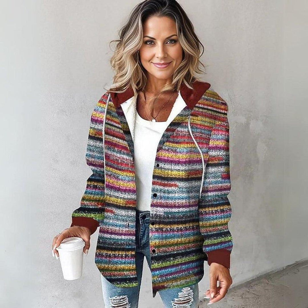 Woman wearing the Juna women's knit striped cardigan, front view