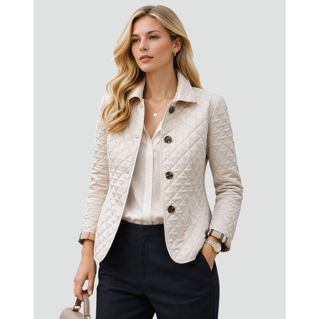 Woman wearing the Junia women's quilted coat, back view