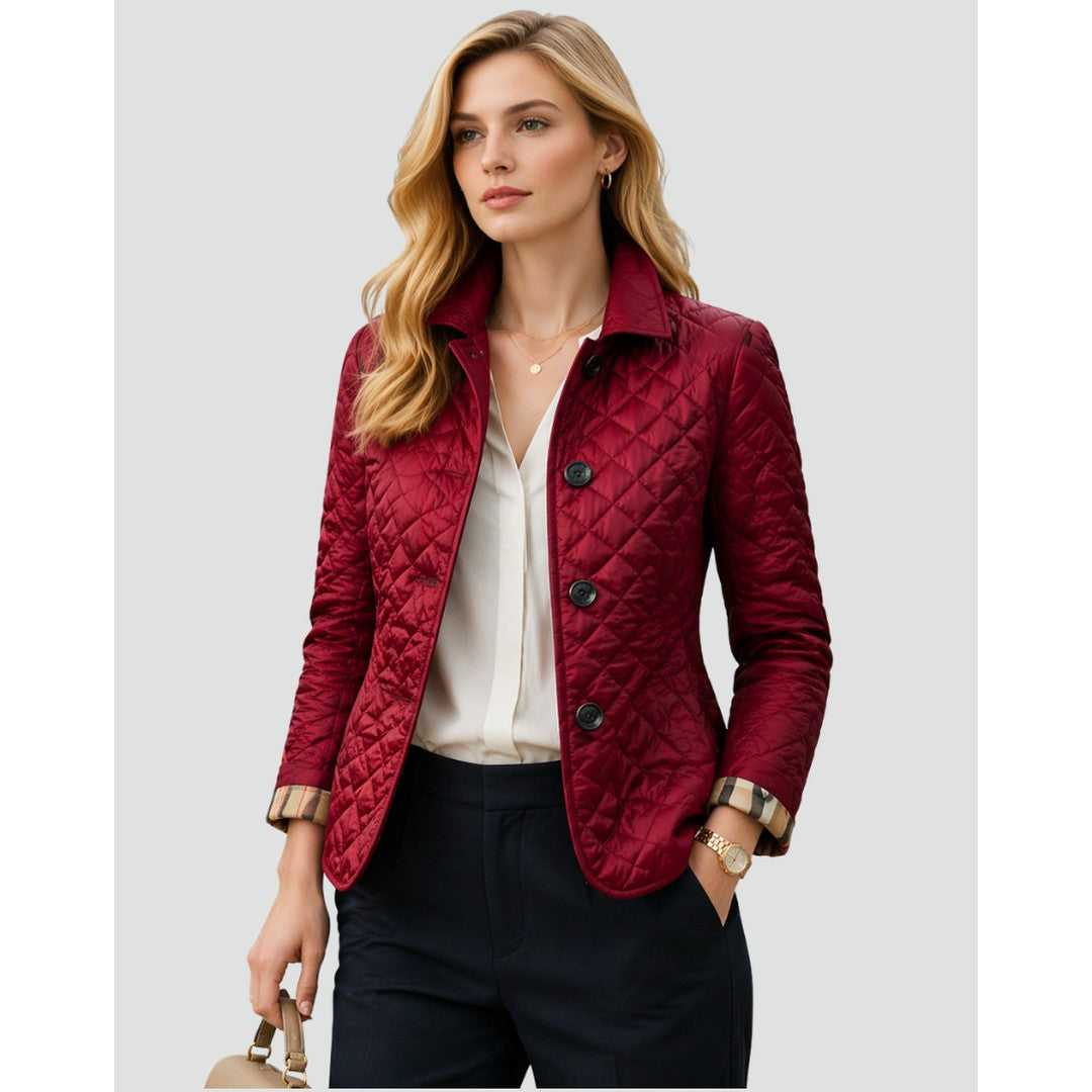 Woman wearing the Junia women's quilted coat, flatlay view