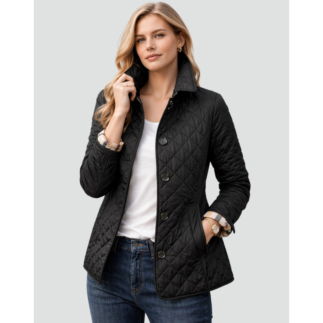Woman wearing the Junia women's quilted coat, front view