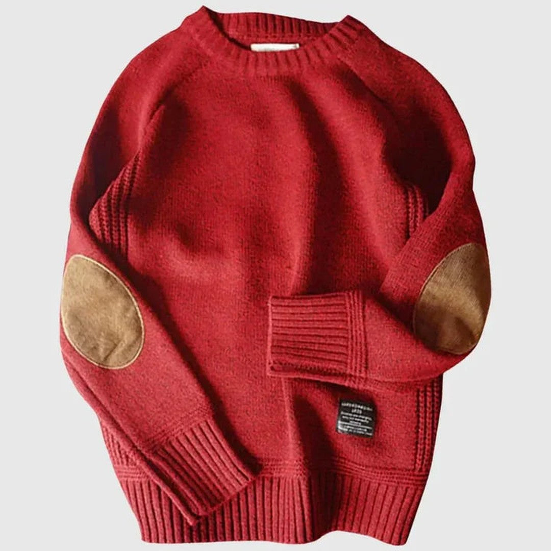 Man wearing the Kai men's knit classic sweater, detail view