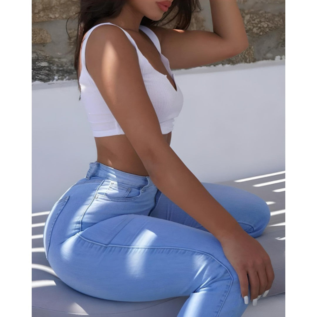 Woman wearing the Kaia women's denim jeans, back view