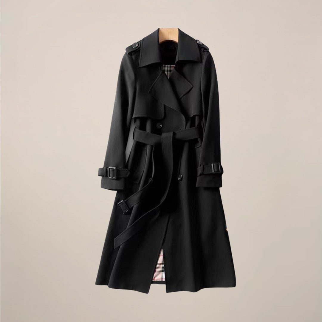 Woman wearing the Karina women's collared cotton classic trench coat, 7 view