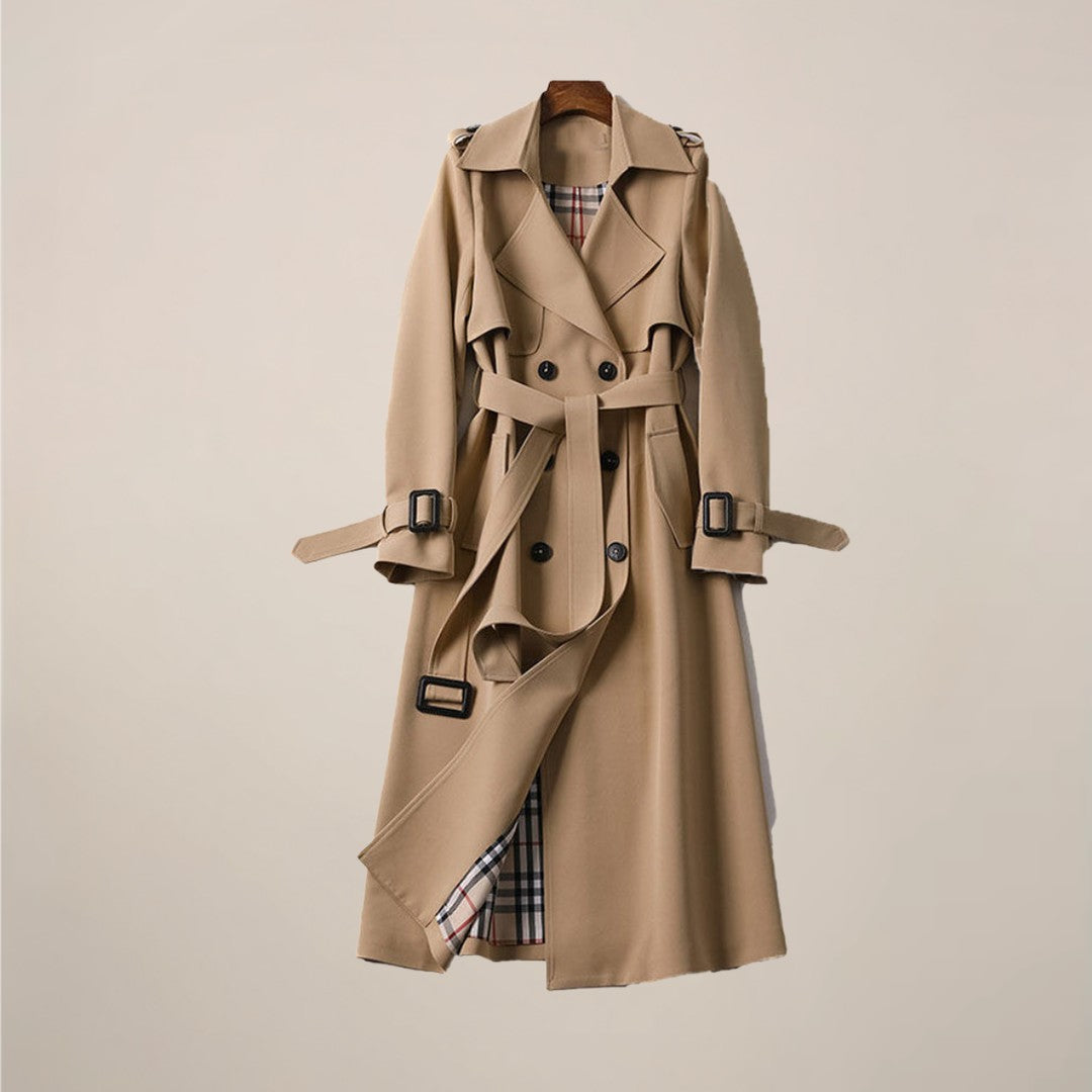 Woman wearing the Karina women's collared cotton classic trench coat, back view