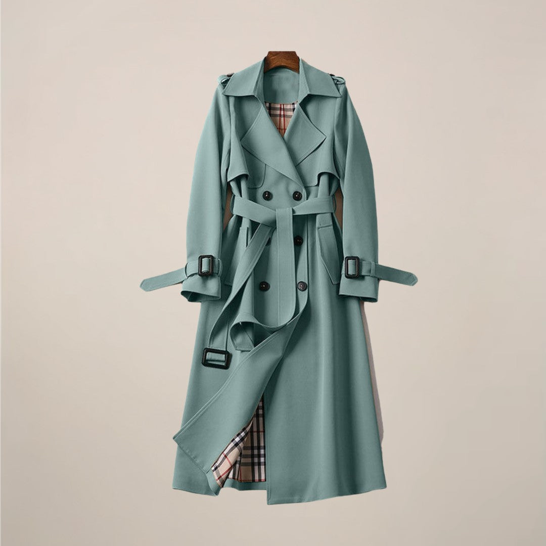 Woman wearing the Karina women's collared cotton classic trench coat, detail view