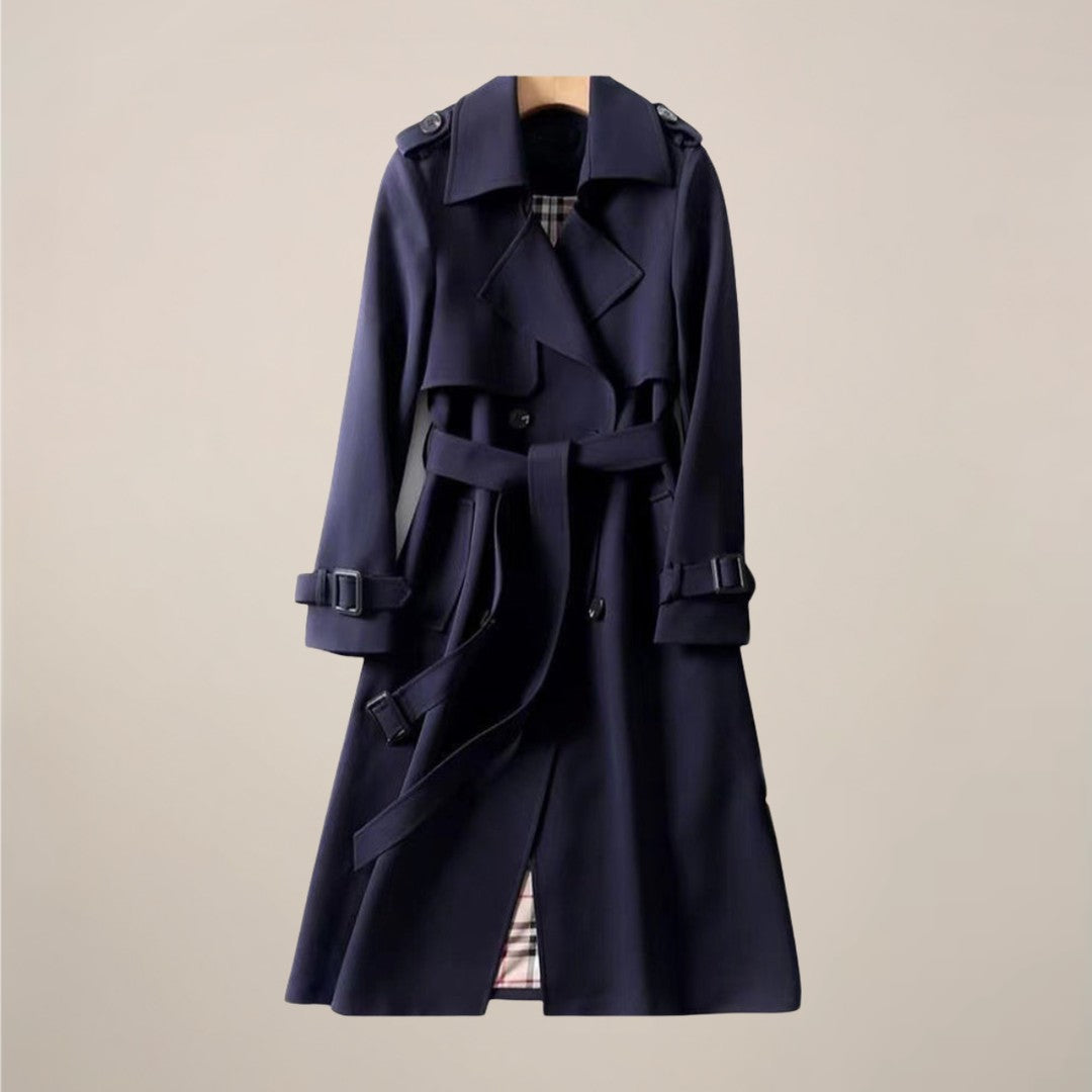Woman wearing the Karina women's collared cotton classic trench coat, flatlay view