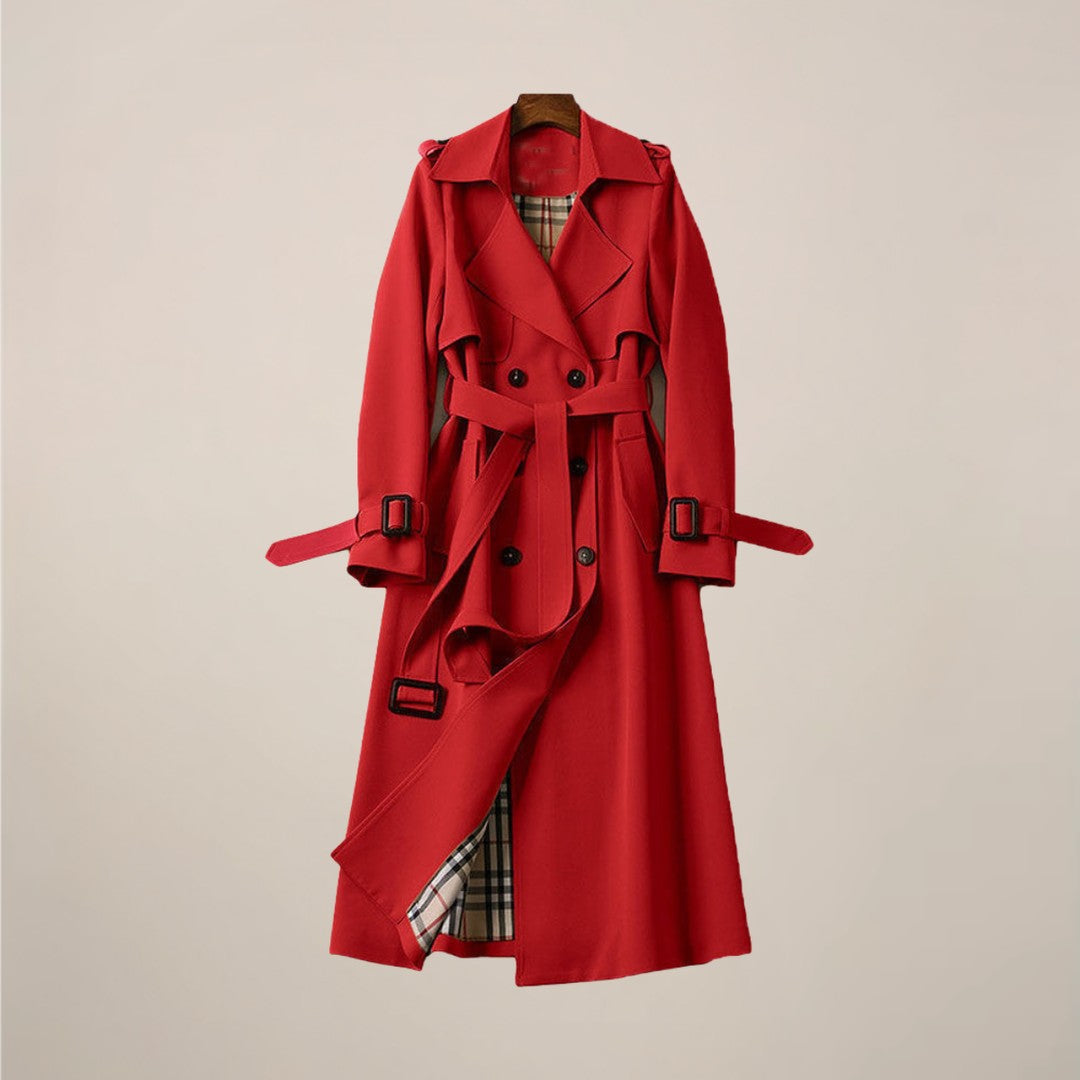 Woman wearing the Karina women's collared cotton classic trench coat, side view
