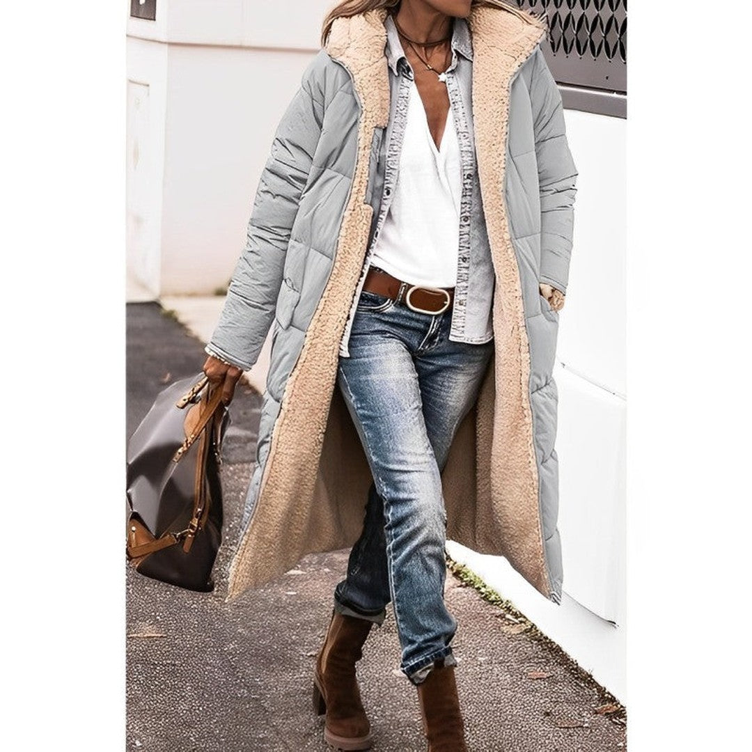 Woman wearing the Katarina women's long-sleeve coat, detail view