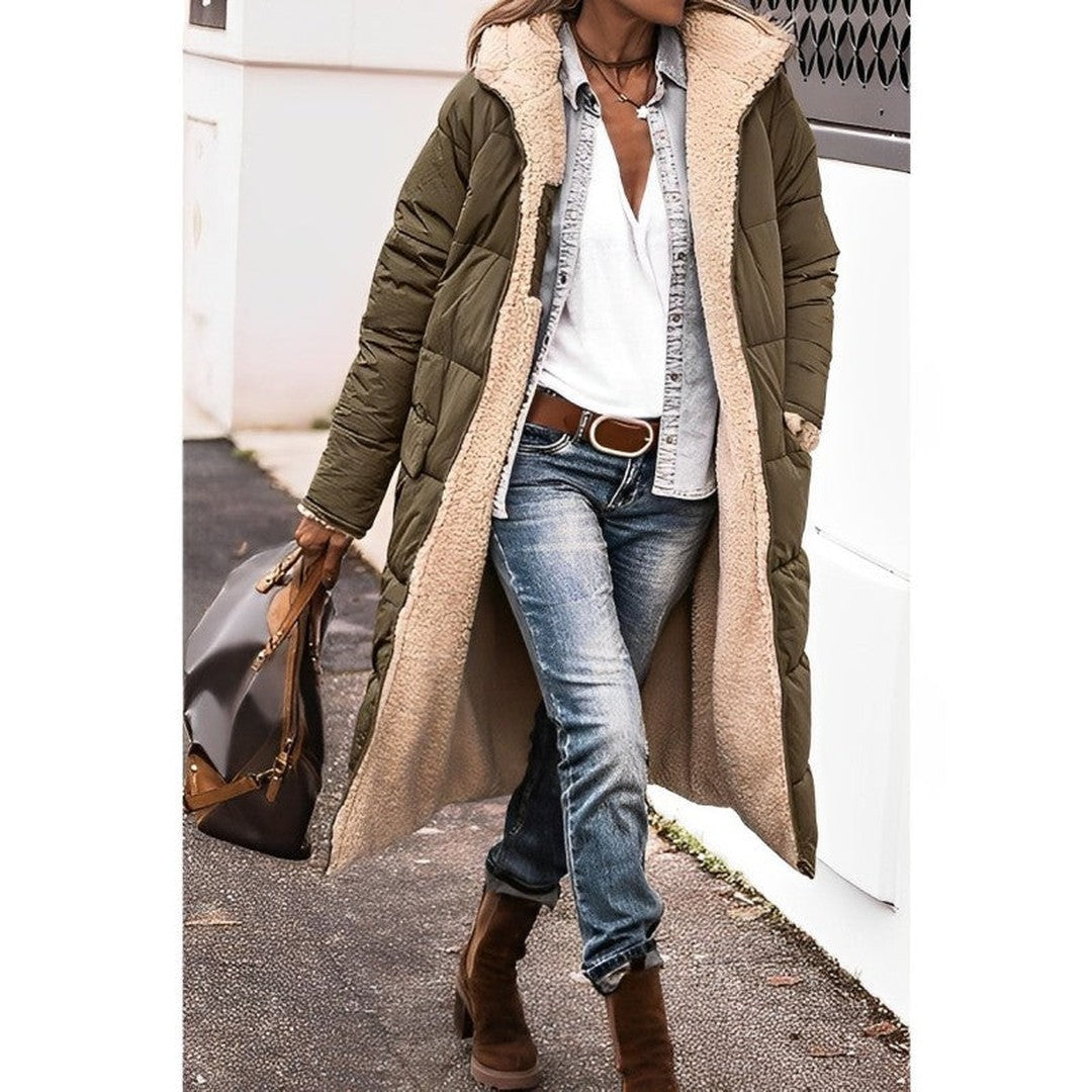 Woman wearing the Katarina women's long-sleeve coat, model view