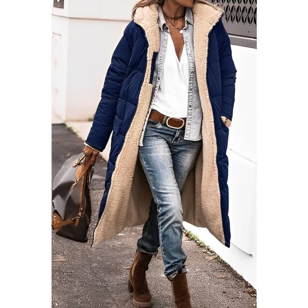 Woman wearing the Katarina women's long-sleeve coat, side view
