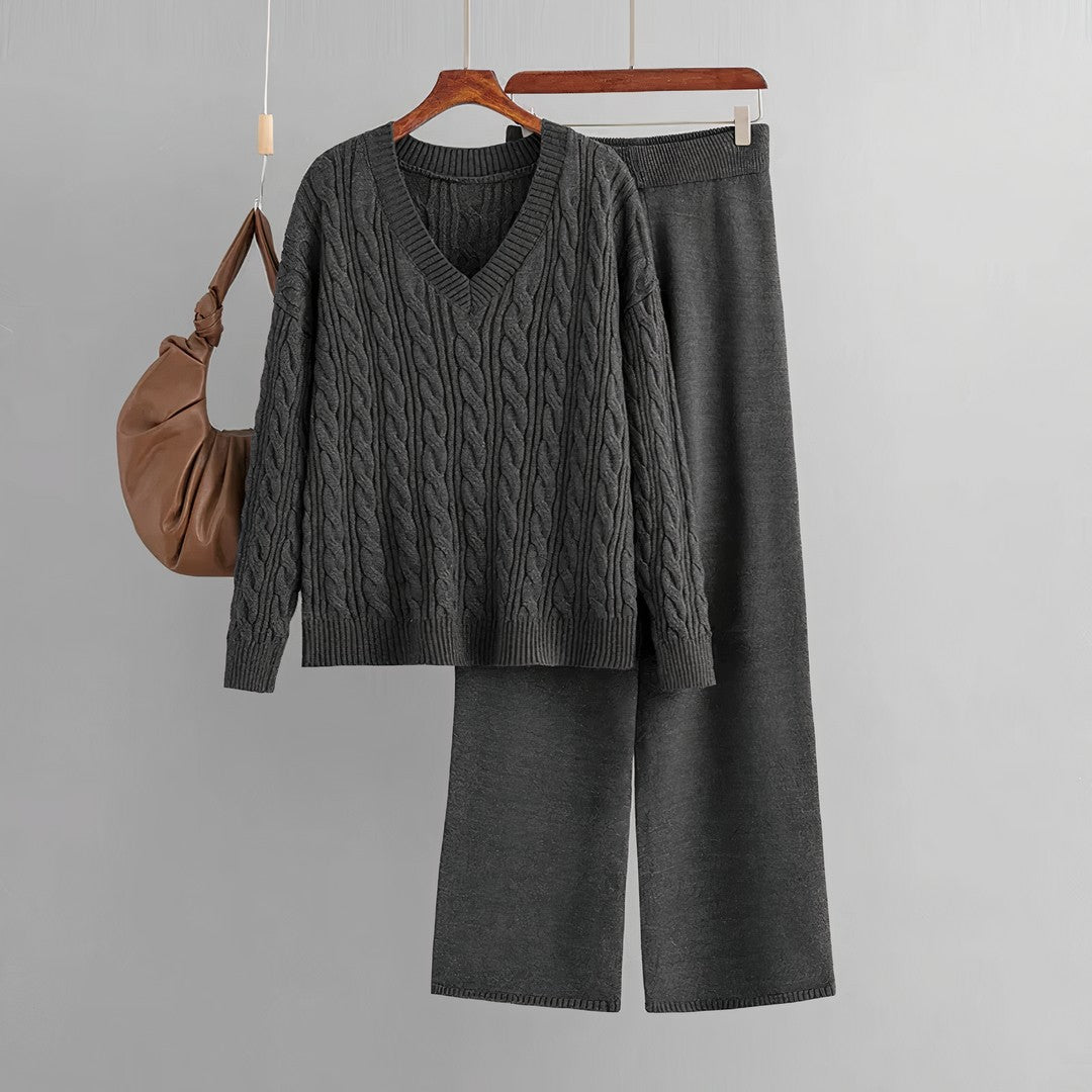 Woman wearing the Katya women's v-neck set, back view