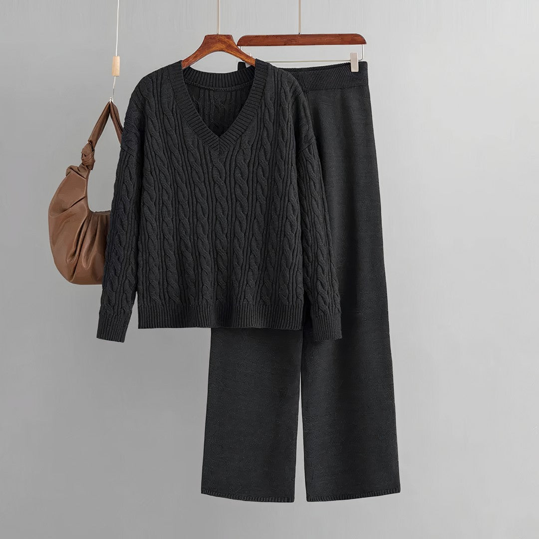 Woman wearing the Katya women's v-neck set, side view