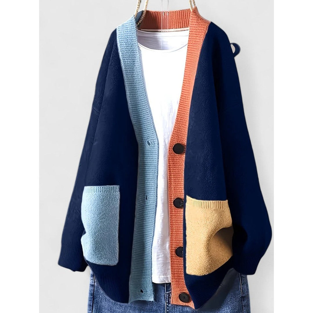Woman wearing the Kennedy women's cardigan, back view