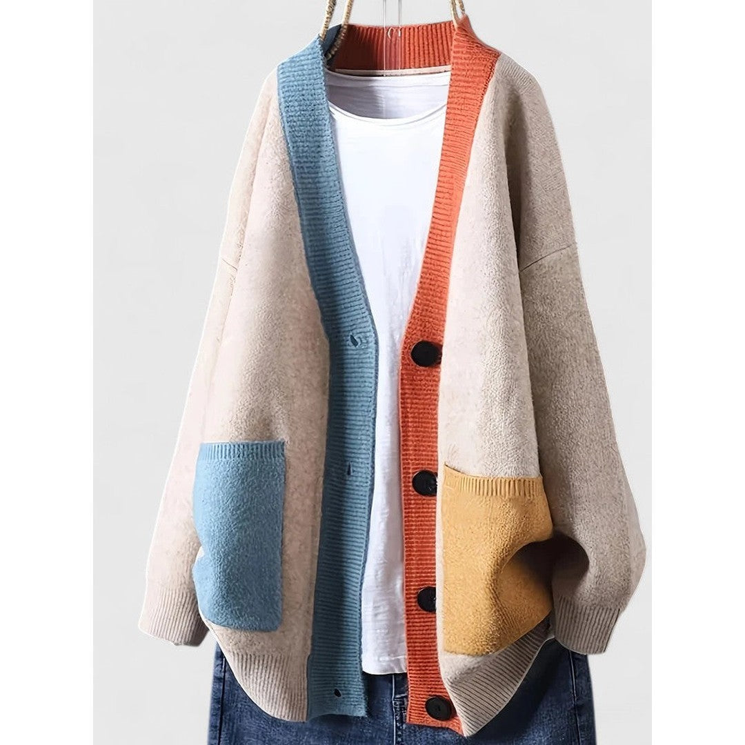 Woman wearing the Kennedy women's cardigan, detail view