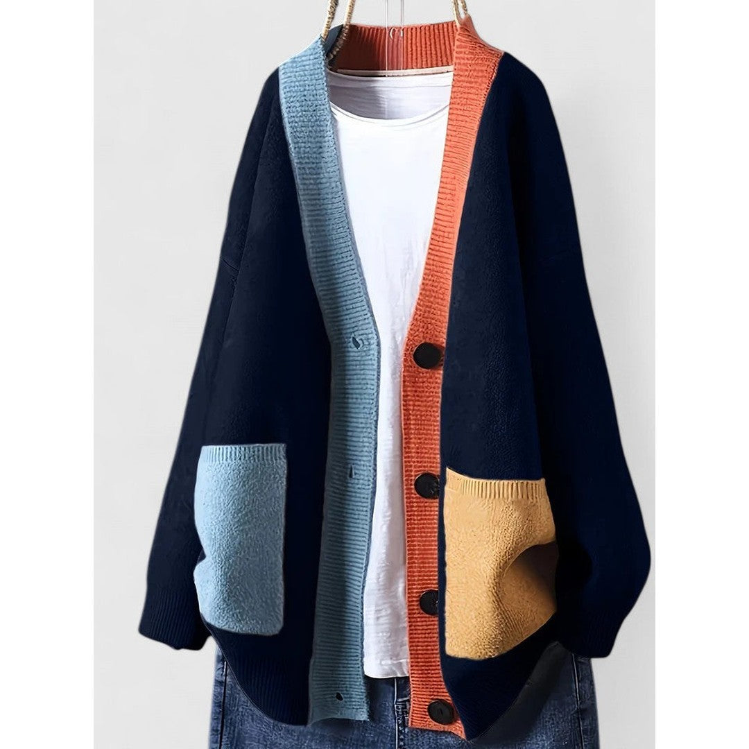 Woman wearing the Kennedy women's cardigan, front view
