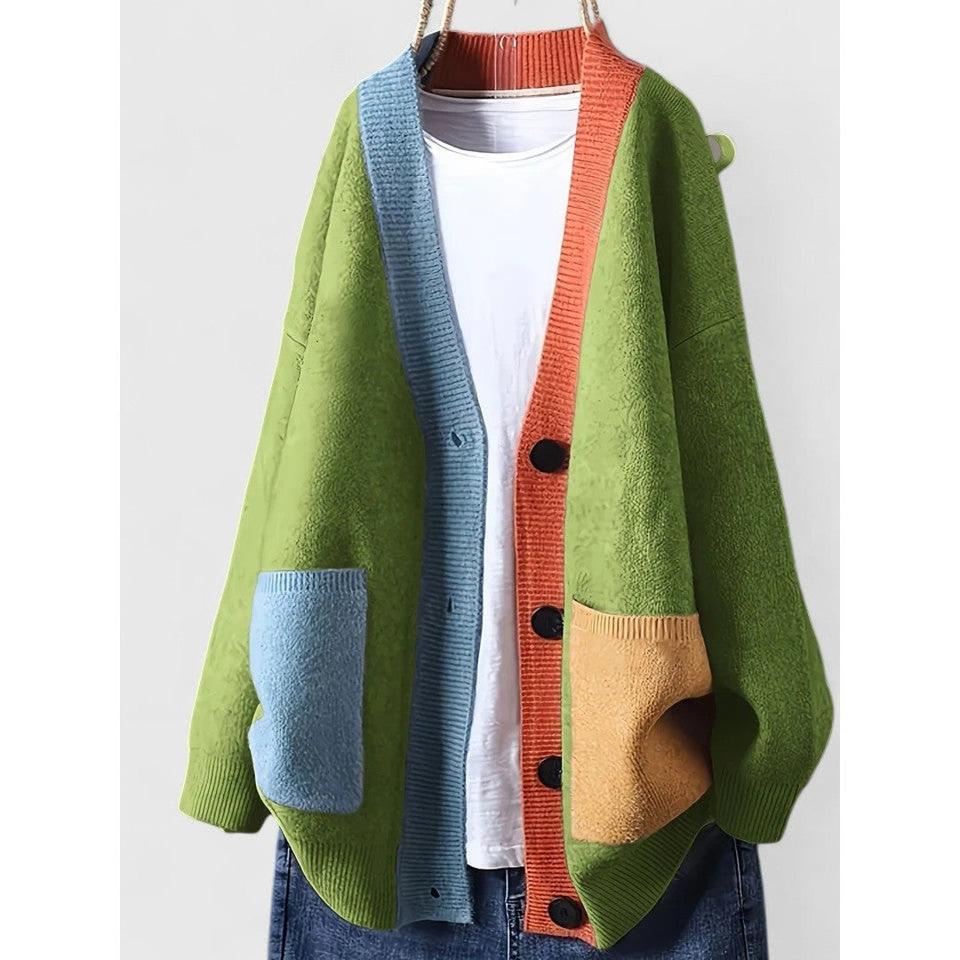 Woman wearing the Kennedy women's cardigan, side view
