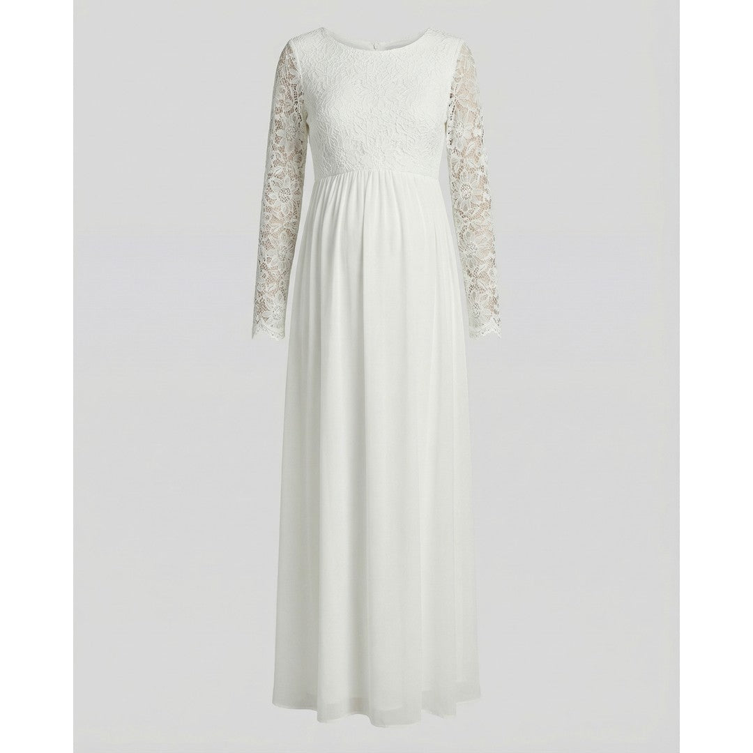 Woman wearing the Kerensa women's maxi crewneck chiffon long-sleeve dress, detail view