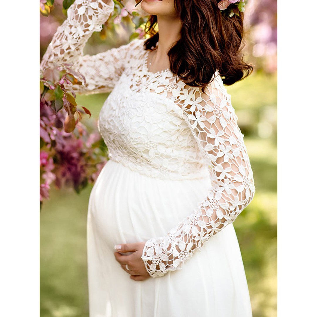 Woman wearing the Kerensa women's maxi crewneck chiffon long-sleeve dress, flatlay view