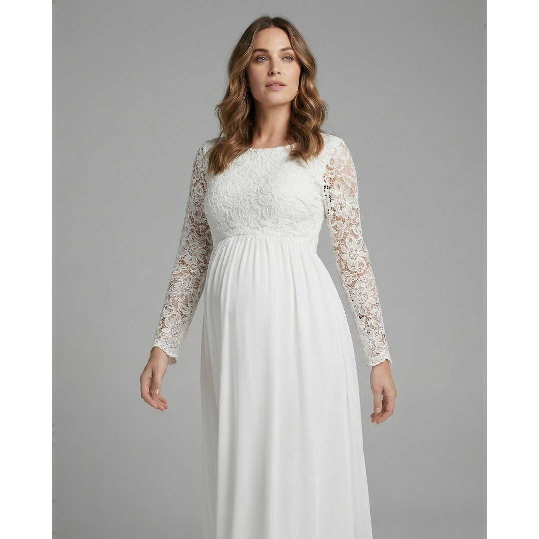 Woman wearing the Kerensa women's maxi crewneck chiffon long-sleeve dress, side view