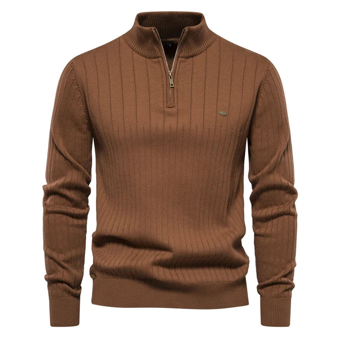 Man wearing the Killian men's cotton zip-up sweater, front view