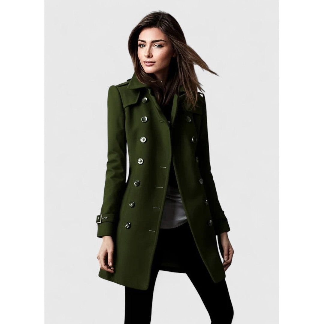Woman wearing the Kinsley women's elegant coat, detail view