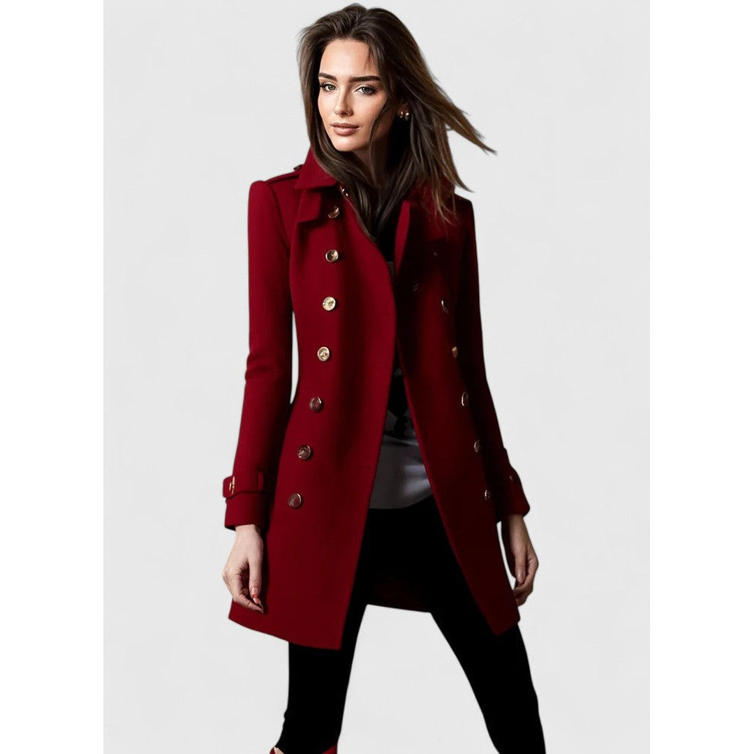 Woman wearing the Kinsley women's elegant coat, front view