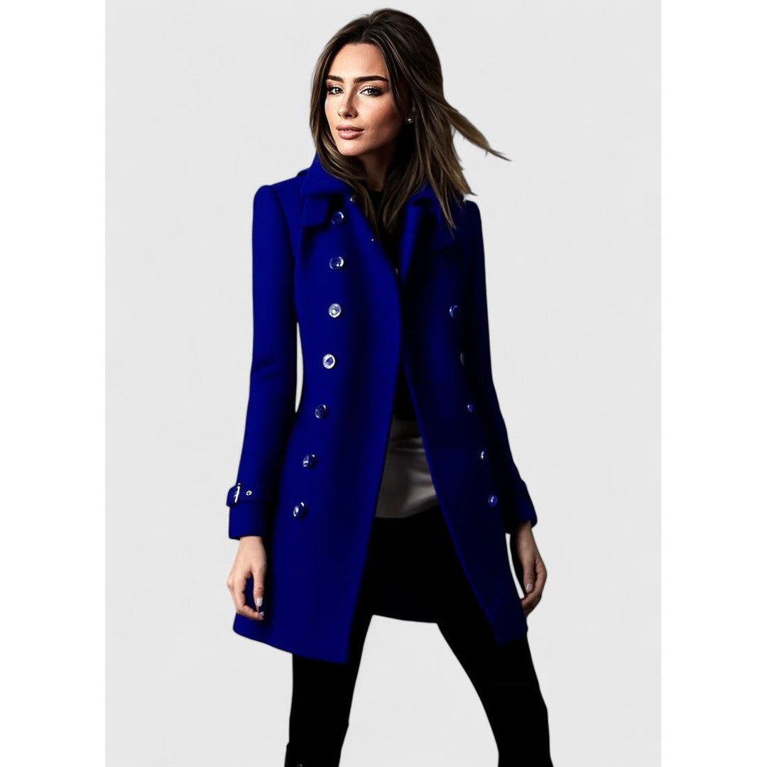 Woman wearing the Kinsley women's elegant coat, side view