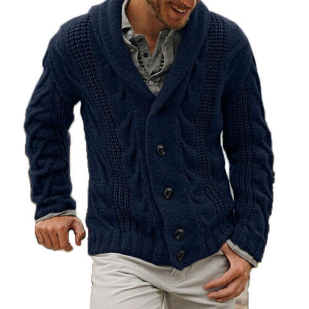 Man wearing the Landon men's wool cardigan, back view