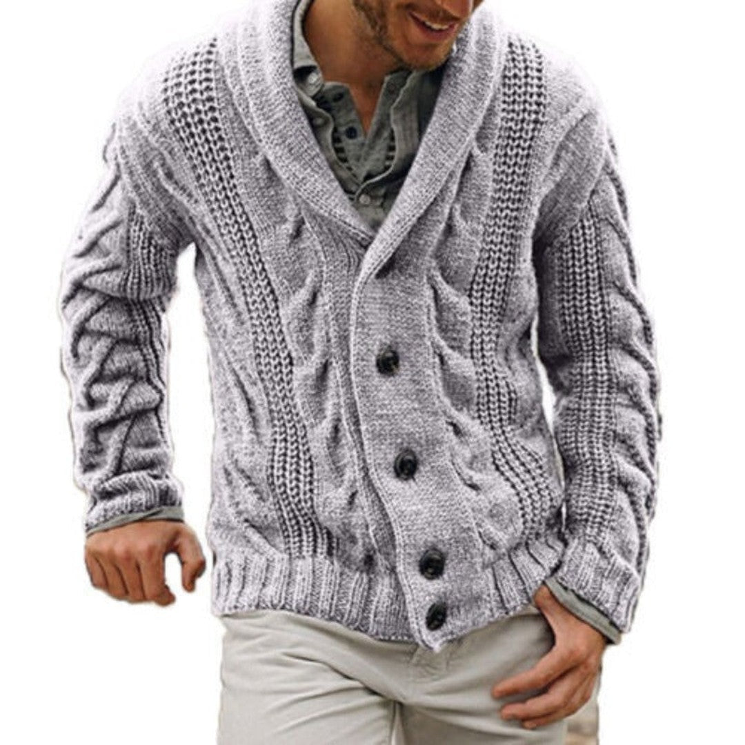 Man wearing the Landon men's wool cardigan, detail view